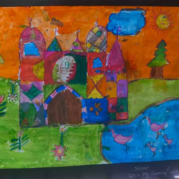 Creative landscape artwork by 7-year-old student at art classes in HSR Layout